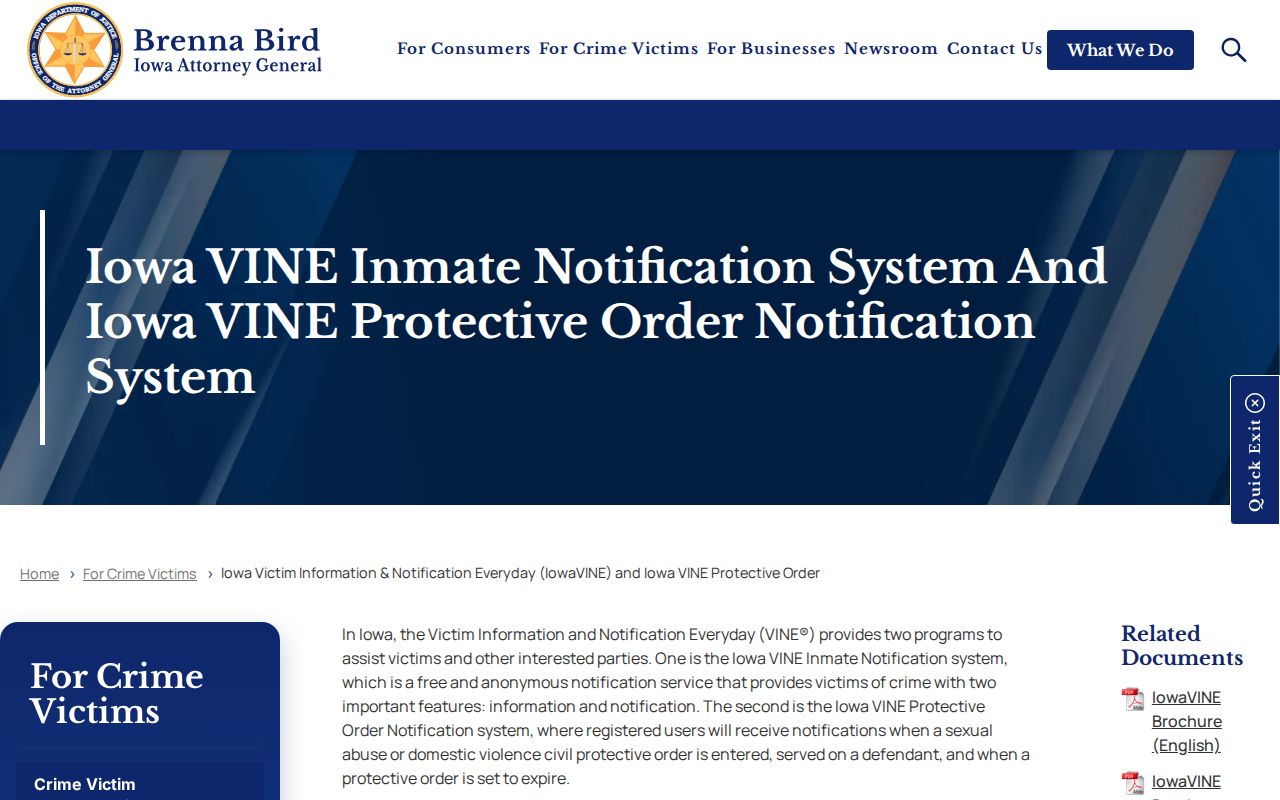 Iowa Attorney General IowaVINE custody notification page