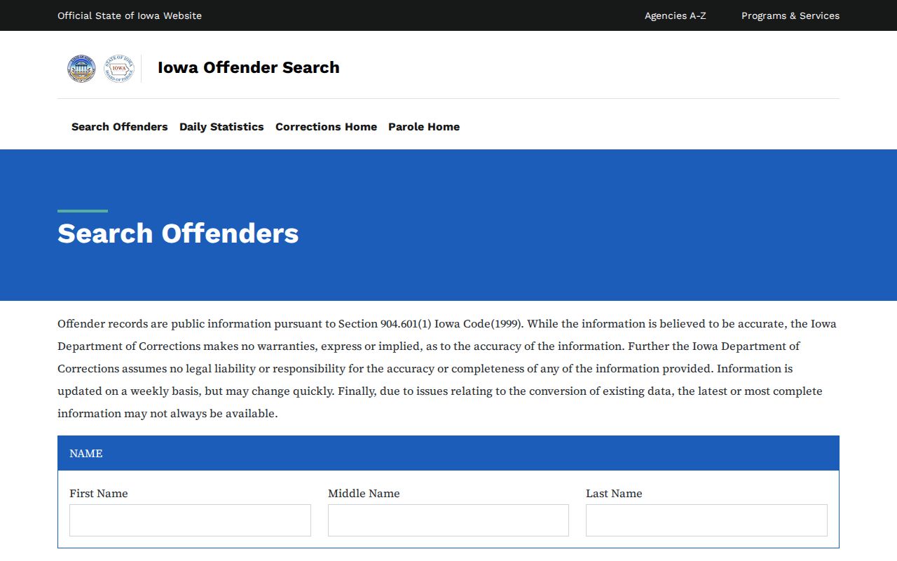 Iowa Department of Corrections official offender search