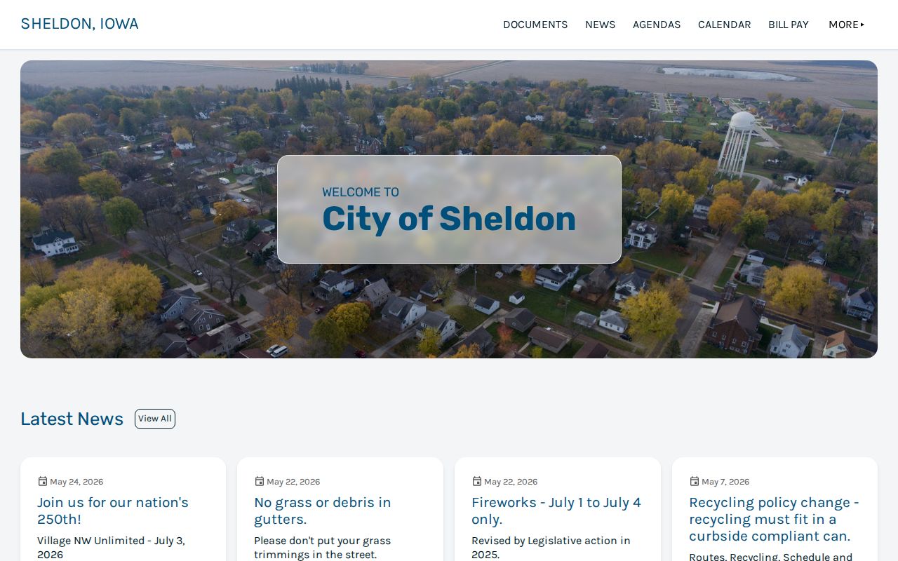 Official Sheldon, Iowa city website used to locate city service and police information