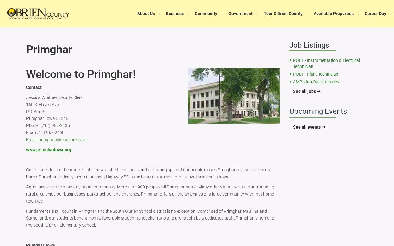 Official Primghar community page identifying local county-seat context