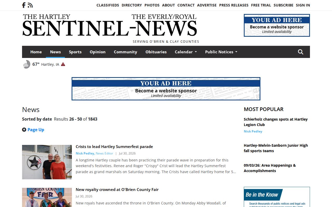 Hartley Sentinel news archive with selective Hartley and O’Brien County coverage